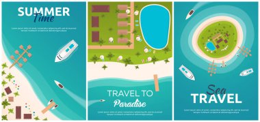 Afiş cennet renkli seyahat kümesi. Tropikal plaj. En iyi cruise. Vektör düz işiniz için banner.