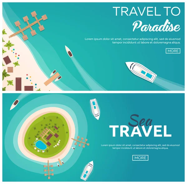 Set van banners kleurrijke reis naar het paradijs. Tropisch strand. Beste cruise. Vector plat banner voor uw bedrijf. — Stockvector