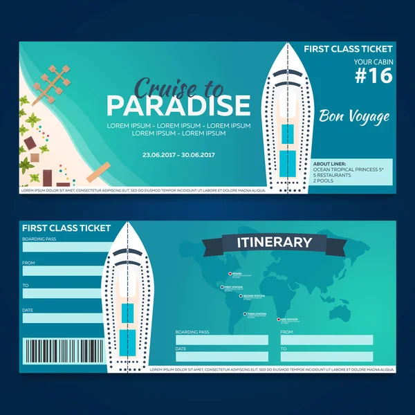 Reizen. Cruise naar het paradijs. Ticket. Cruise liner. Schip. Platte vectorillustratie. — Stockvector