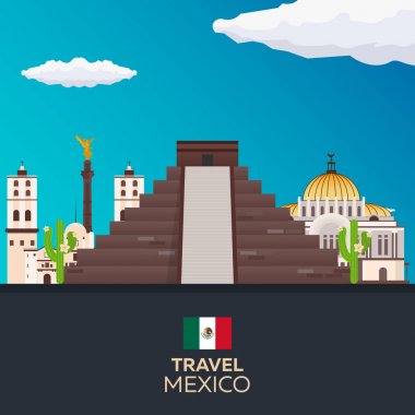 Meksika'ya seyahat. Amerika. Chichen Itza. Vektör çizim.