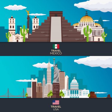 Meksika, ABD seyahat. Amerika. Vektör çizim.