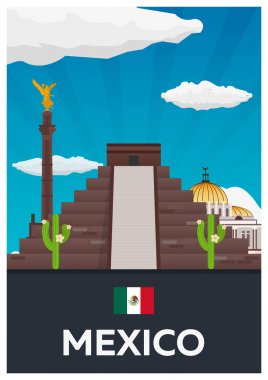 Poster seyahat Mexico. Amerika. Chichen Itza. Vektör çizim.