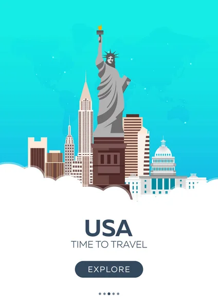 米国。時間旅行に。観光ポスターのセットです。ベクトル フラット図. — ストックベクタ