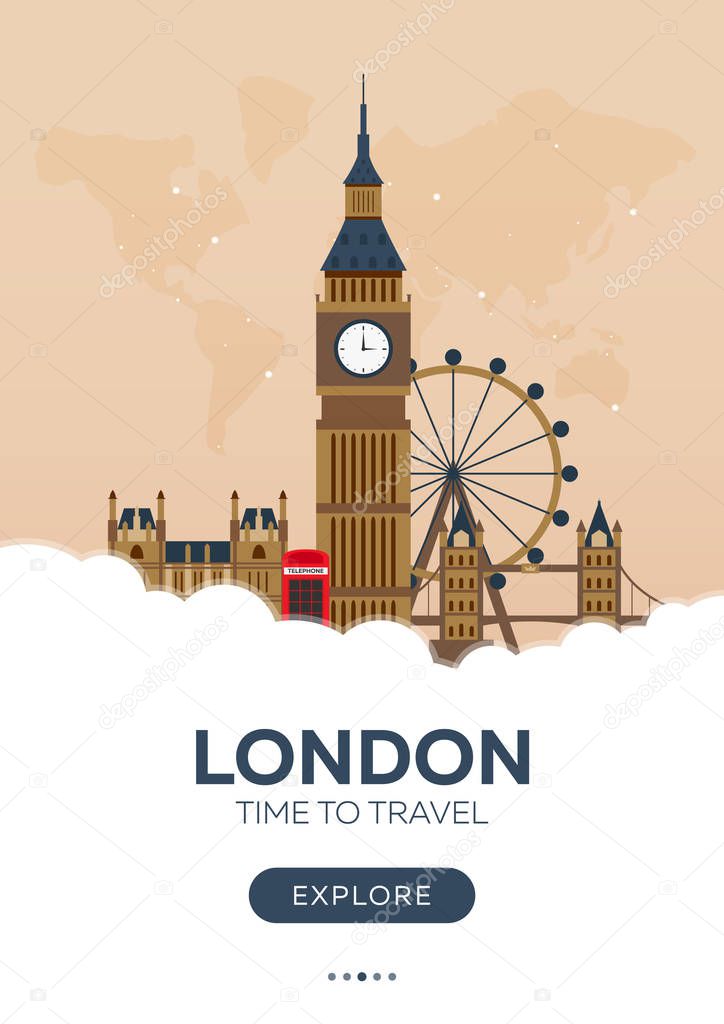 England. London. Time to travel. Travel poster. Vector flat illustration.