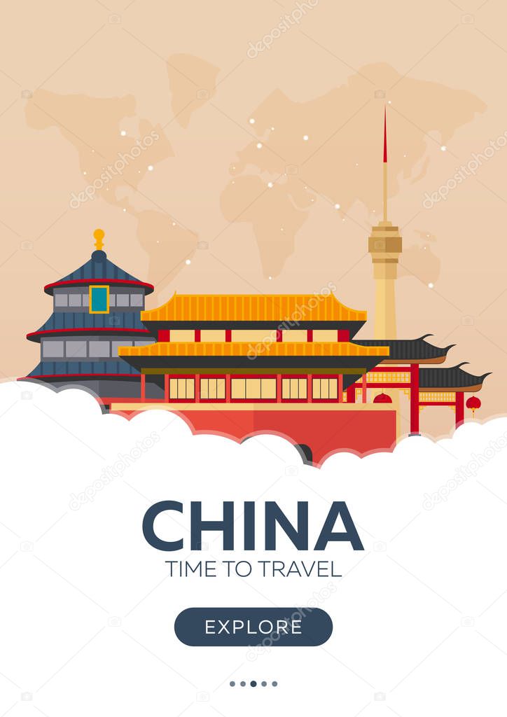 China. Beijing. Time to travel. Travel poster. Vector flat illustration.