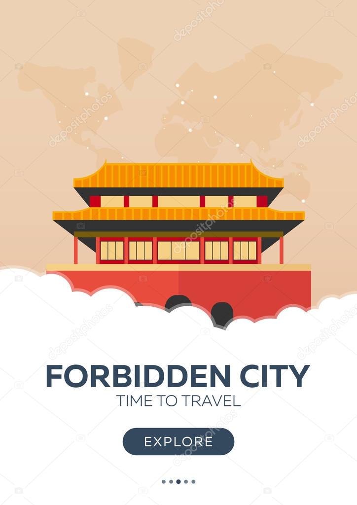 China. Beijing. Forbidden City. Time to travel. Travel poster. Vector flat illustration.