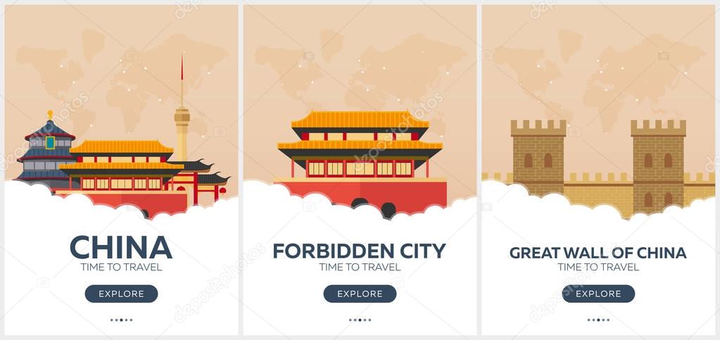 China. Beijing. Time to travel. Set of Travel posters. Vector flat illustration.