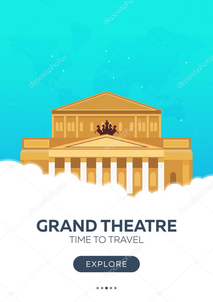 Russia. Moscow. Grand Theatre. Time to travel. Travel poster. Vector flat illustration.
