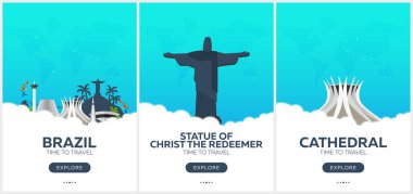 Brezilya. Rio de Janeiro. Seyahat zamanı geldi. Seyahat posterler kümesi. Vektör düz çizim.