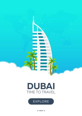 Dubai. BAE. Seyahat zamanı geldi. Seyahat poster. Vektör düz çizim.