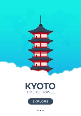 Japonya. Kyoto. Seyahat zamanı geldi. Seyahat poster. Vektör düz çizim.