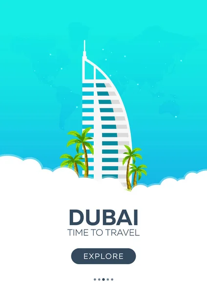 迪拜。阿拉伯联合酋长国。时间旅行。旅游海报。矢量平面插画. — 图库矢量图片