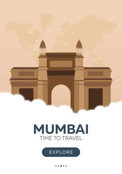India. Mumbai. Idő-hoz utazik. Utazási poszter. Lapos vektor-illusztráció. — Stock Vector