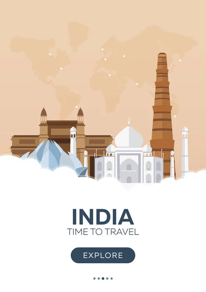 India. Tempo per viaggiare. Poster di viaggio. Illustrazione piatta vettoriale . — Vettoriale Stock