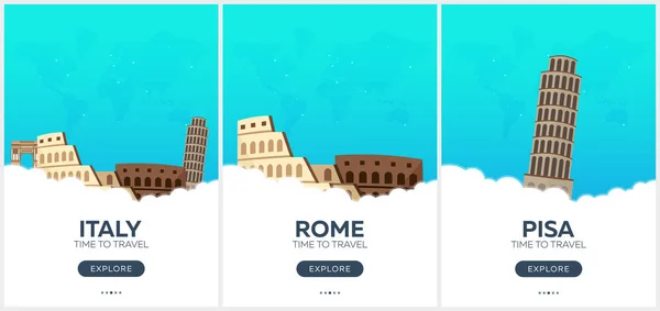 意大利。时间旅行。一整套的旅行社宣传海报。矢量平面插画. — 图库矢量图片
