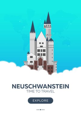Almanya. Neuschwanstein. Seyahat zamanı geldi. Seyahat poster. Vektör düz çizim.