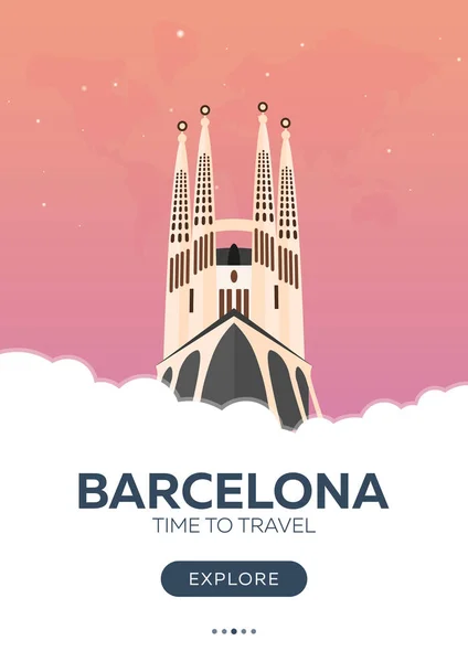 西班牙。巴塞罗那。时间旅行。旅游海报。矢量平面插画. — 图库矢量图片