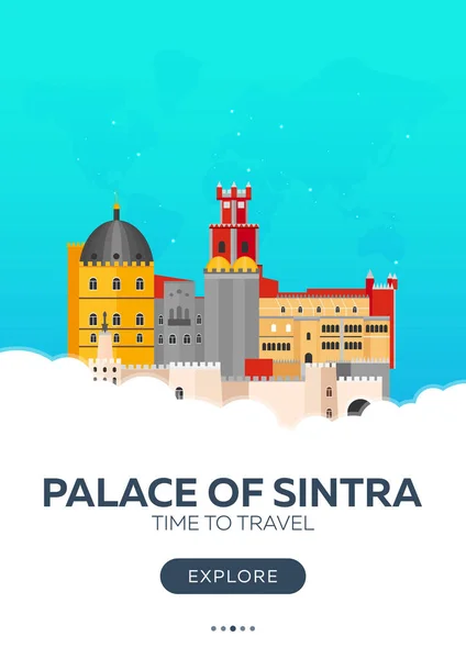 Portogallo. Palazzo di Sintra. Tempo per viaggiare. Poster di viaggio. Illustrazione piatta vettoriale . — Vettoriale Stock