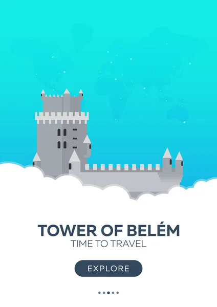 Portugal. Torre de Belém. Hora de viajar. Cartaz de viagem. Ilustração plana vetorial . — Vetor de Stock