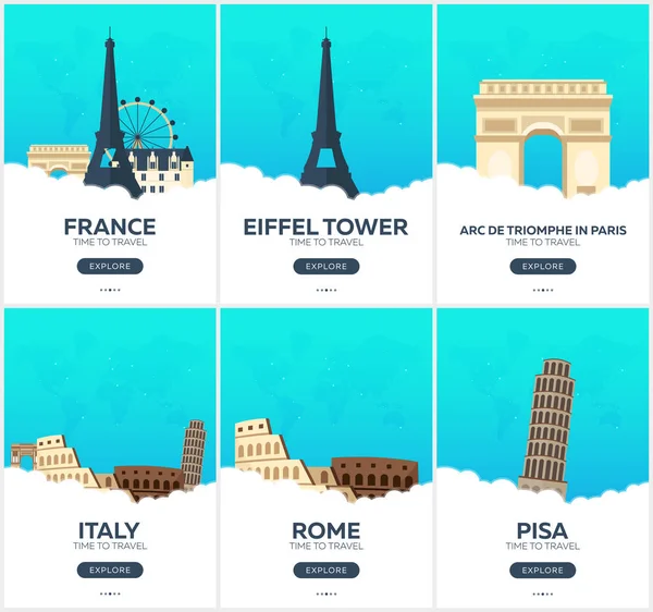 Francie, Itálie. Čas na cestování. Sada cestovní plakáty. Vektorové ilustrace plochá. — Stockový vektor