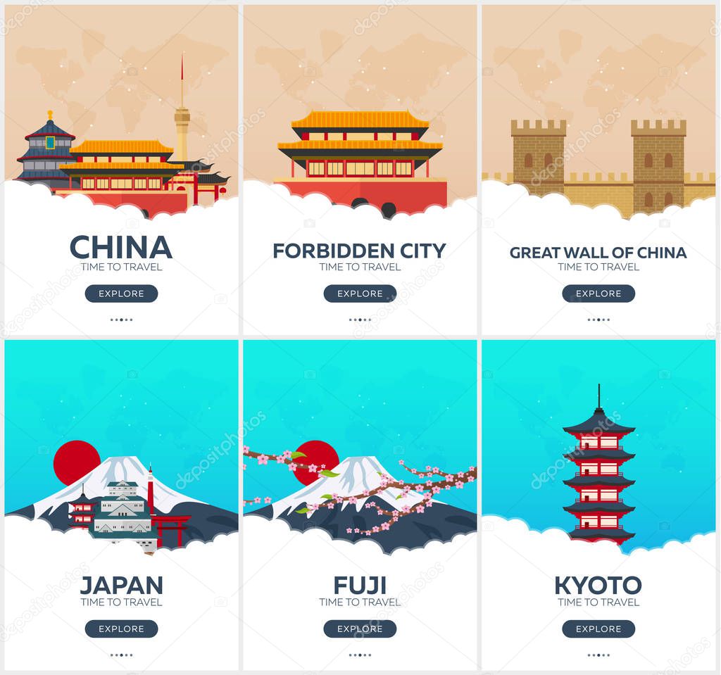 China, Japan. Time to travel. Set of Travel posters. Vector flat illustration.