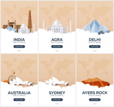 Hindistan, Avustralya. Seyahat zamanı geldi. Seyahat posterler kümesi. Vektör düz çizim.
