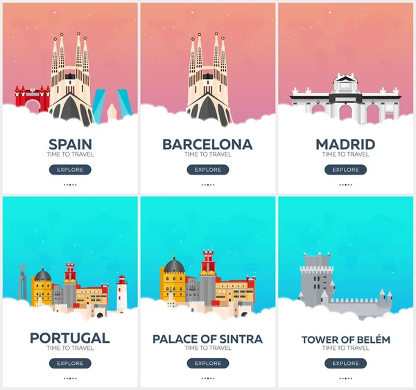 España, Portugal. Tiempo para viajar. Conjunto de carteles de viaje. Ilustración plana del vector . — Archivo Imágenes Vectoriales