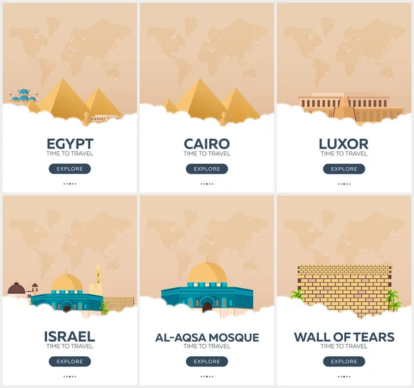 Egito, Israel. Hora de viajar. Conjunto de cartazes de viagem. Ilustração plana vetorial . — Vetor de Stock