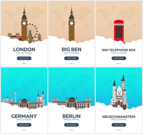 Inglaterra, Alemania. Tiempo para viajar. Conjunto de carteles de viaje. Ilustración plana del vector . — Archivo Imágenes Vectoriales