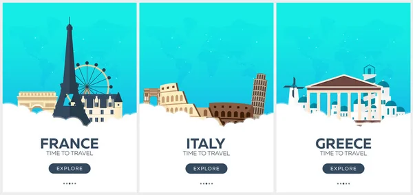 Frankrike, Italien, Grekland. Tid att resa. Uppsättning av posters resor. Flat vektorillustration. — Stock vektor