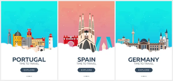 Portugal, Spanje, Duitsland. Tijd om te reizen. Set reizen posters. Platte vectorillustratie. — Stockvector
