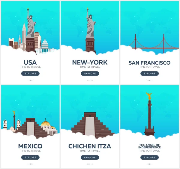 ΗΠΑ, Μεξικό. Χρόνο να ταξιδέψει. Σετ Ταξιδίου αφίσες. Επίπεδη εικονογράφηση διάνυσμα. — Διανυσματικό Αρχείο