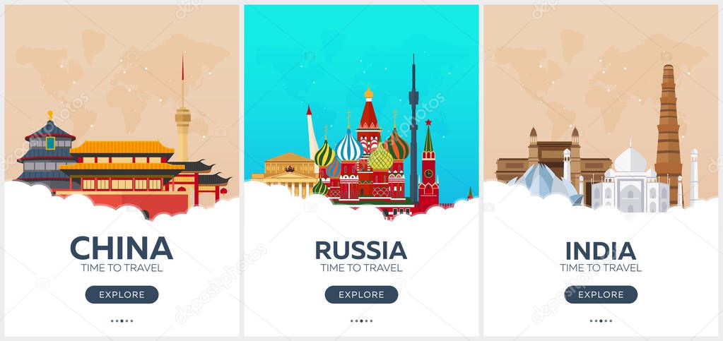 China, Russia, India. Time to travel. Set of Travel posters. Vector flat illustration.