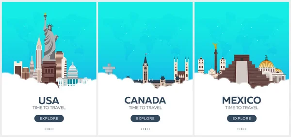États-Unis, Canada, Mexique. Il est temps de voyager. Ensemble d'affiches de voyage. Illustration vectorielle plate . — Image vectorielle