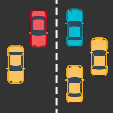 Karayolu trafik kavramı asfalt yolda üstten görünüm arabalarla. Vektör düz çizim.