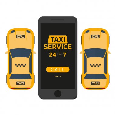 Taksi hizmeti. Hareket eden app için rezervasyon hizmeti. Taksi araba. Vektör düz çizim.