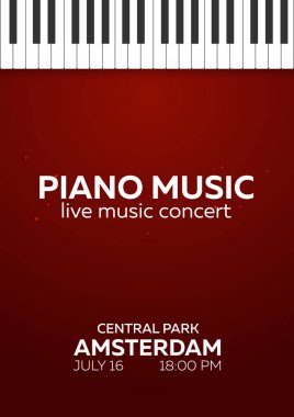 Piyano konseri afiş tasarımı. Canlı müzik konser. Piyano tuşları. Vektör çizim.