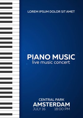 Piyano konseri afiş tasarımı. Canlı müzik konser. Piyano tuşları. Vektör çizim.
