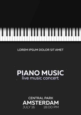 Piyano konseri afiş tasarımı. Canlı müzik konser. Piyano tuşları. Vektör çizim.