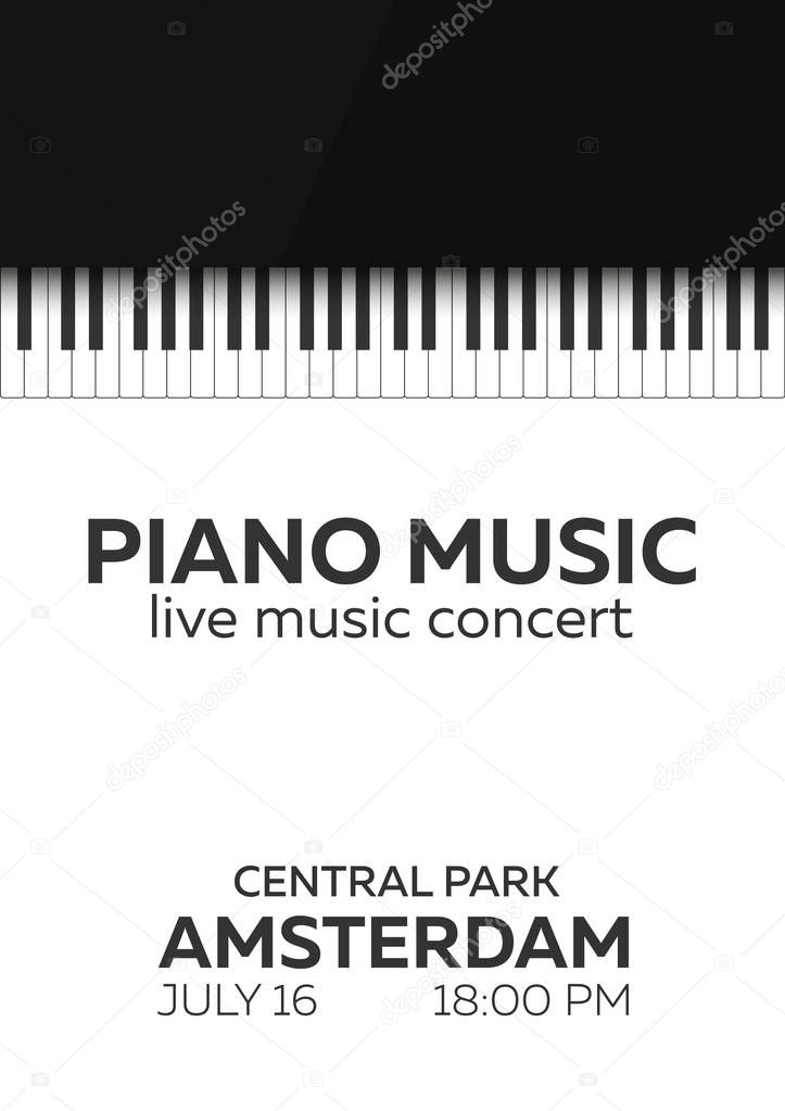 Piano concert poster design. Live music concert. Piano keys. Vector illustration.