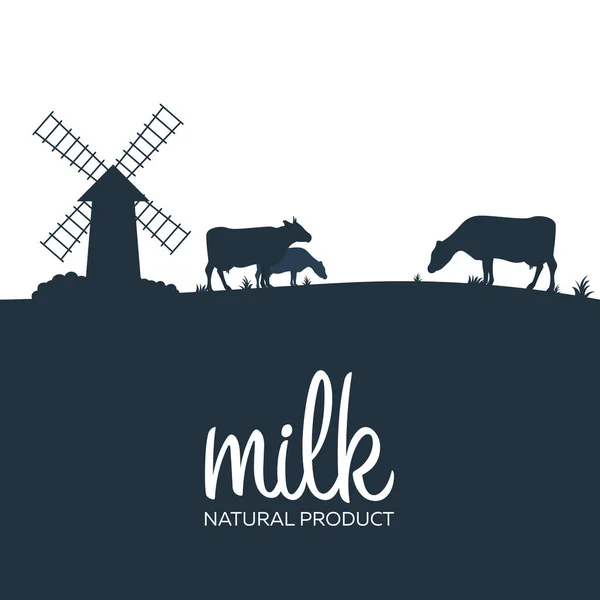 Milch Naturprodukt. ländliche Landschaft mit Mühle und Kühen. Morgendämmerung im Dorf. — Stockvektor