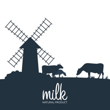 Süt doğal ürün. Değirmen ve inek ile kırsal manzara. Şafak Köyü.