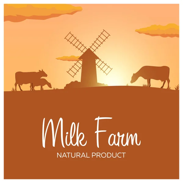 Milchfarm Naturprodukt. ländliche Landschaft mit Mühle und Kühen. Morgendämmerung im Dorf. — Stockvektor