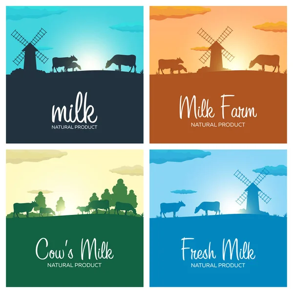 Conjunto de bandeiras de leite. Leite produto natural. Paisagem rural com moinho e vacas. Alvorada na aldeia. Nascer do sol . — Vetor de Stock
