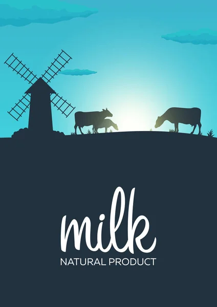 Poster Milch Naturprodukt. ländliche Landschaft mit Mühle und Kühen. Morgendämmerung im Dorf. — Stockvektor