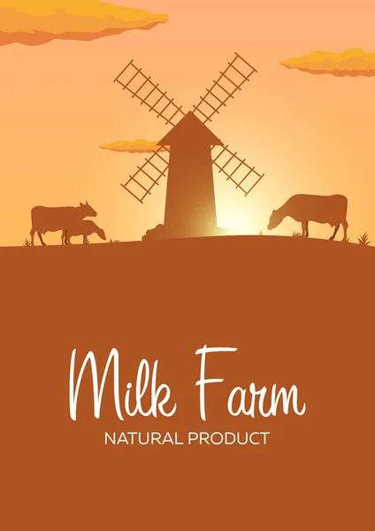 Poster Milchfarm Naturprodukt. ländliche Landschaft mit Mühle und Kühen. Morgendämmerung im Dorf. — Stockvektor