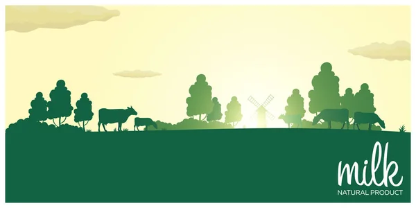 ミルクの自然な製品です。ミルと牛農村風景。村の夜明け. — ストックベクタ