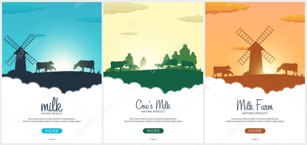 Set of Poster Milk natural product. Rural landscape with mill and cows. Dawn in the village.