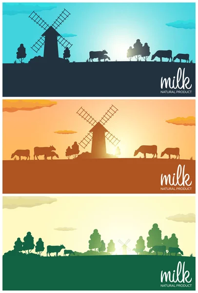 Set of Milk banners. Milk natural product. Rural landscape with mill and cows. Dawn in the village. Sunrise. — Stock Vector
