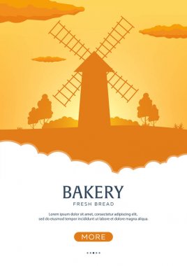 Poster kırsal manzara ile yel değirmeni. Güneş doğuyor. Ekmek. Taze ekmek. Vektör çizim.